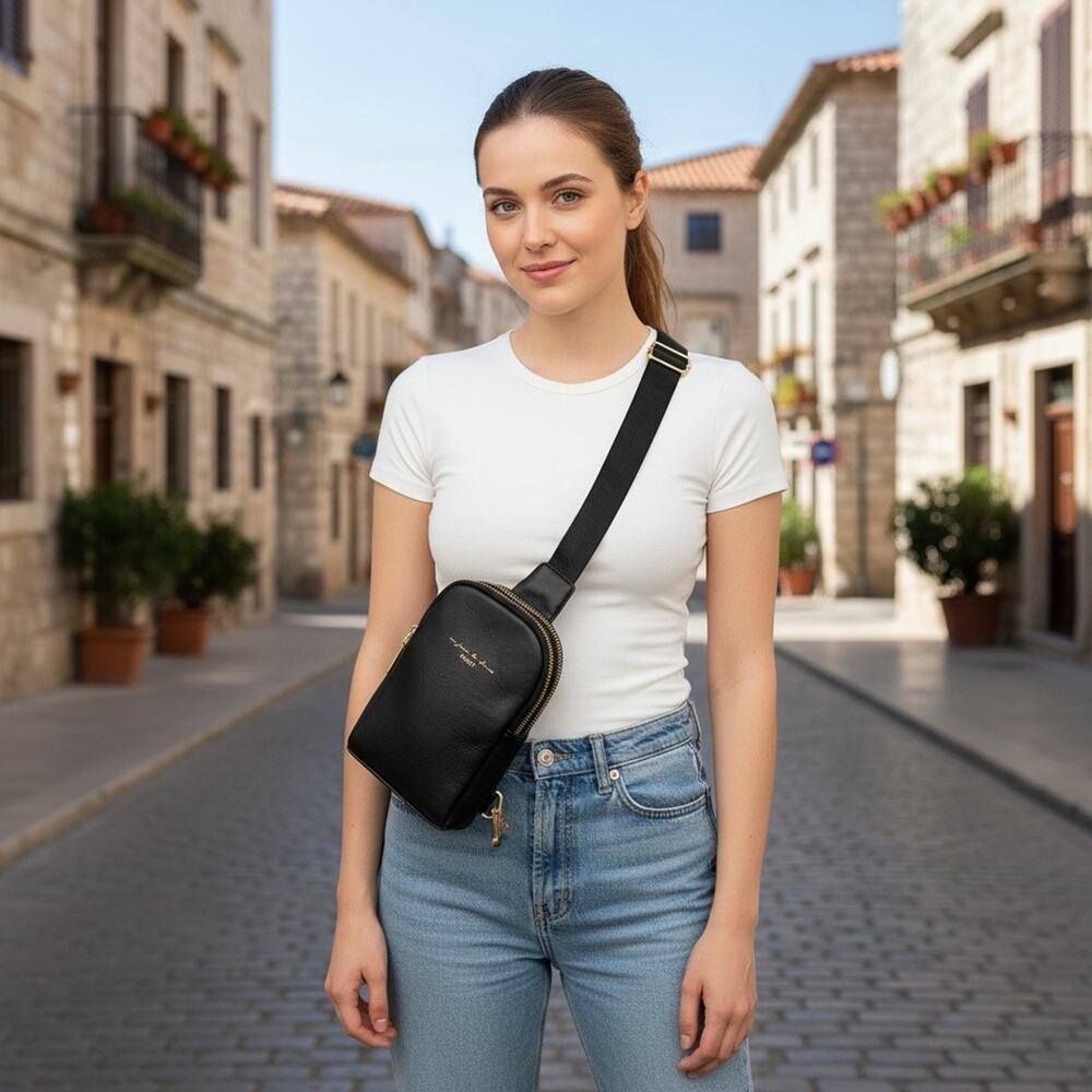 INICAT Black Small Crossbody Sling Bag Leather Like 2 Zippered Pockets Chic